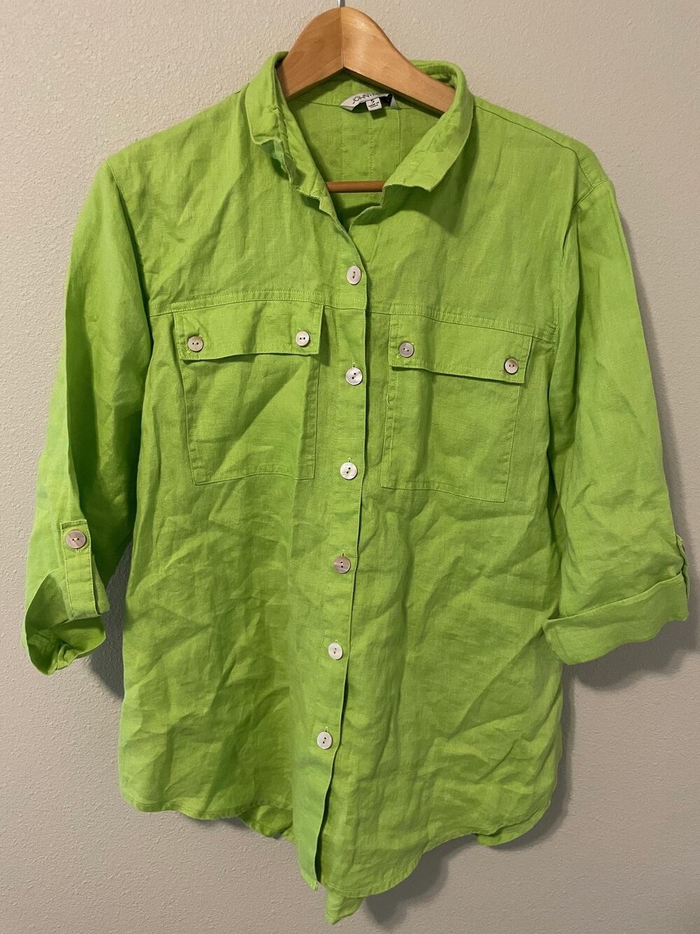 John Mark Tunic Top Womens Size Small Green Linen Button Up Roll Tab Lagenlook
